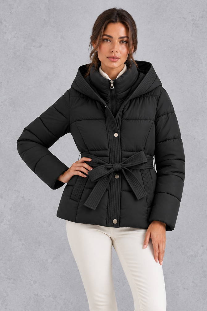 Kacob | Women's Hooded Tie Belt Puffer Jacket – Hip Length Quilted Winter Coat
