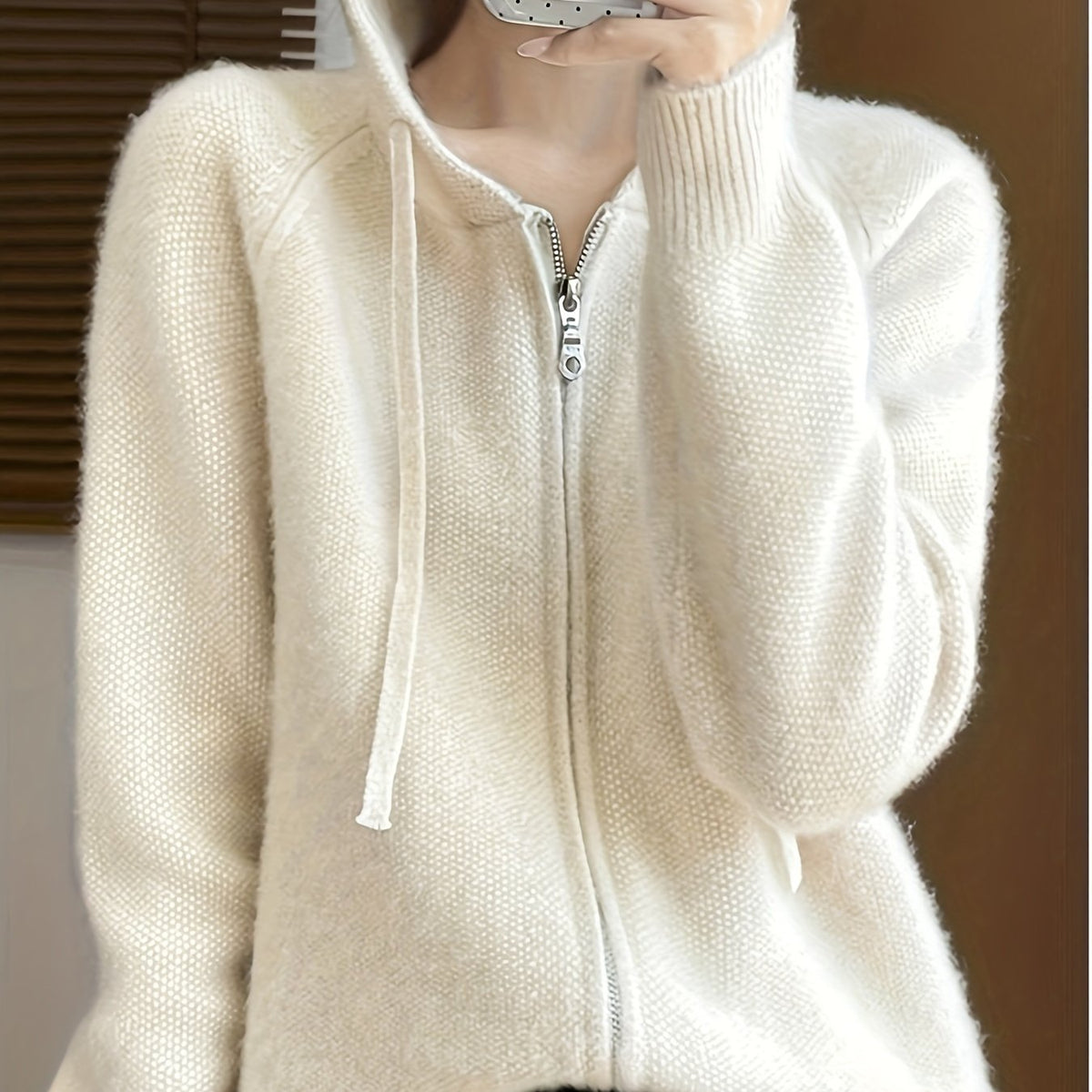 Women's Hooded Zip Up Cardigan – Raglan Sleeve Knitted Hoodie with Drawcords