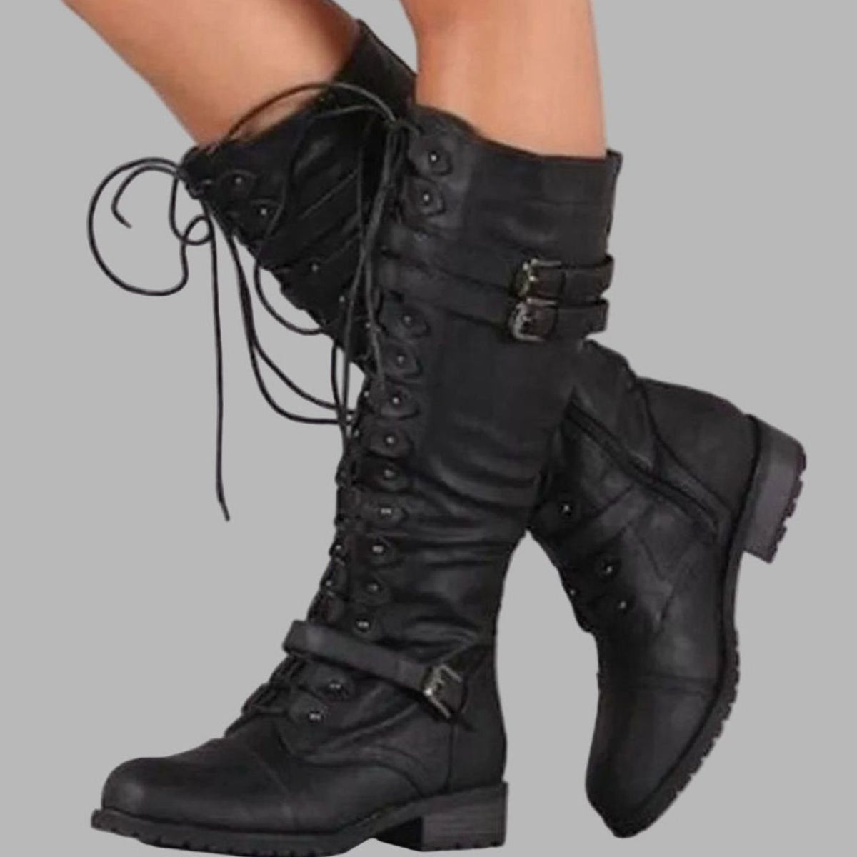 Kacob | Women's Knee High Combat Boots – Lace Up Buckle Strap Boots