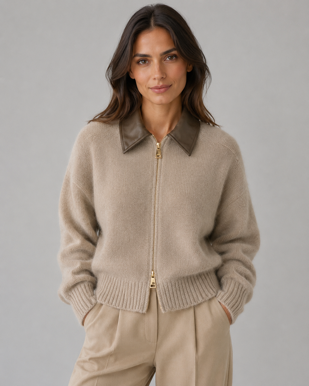 Women's Knit Zip Cardigan with Contrast Collar