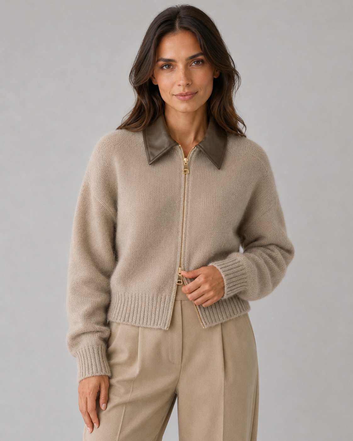 Women's Knit Zip Cardigan with Contrast Collar