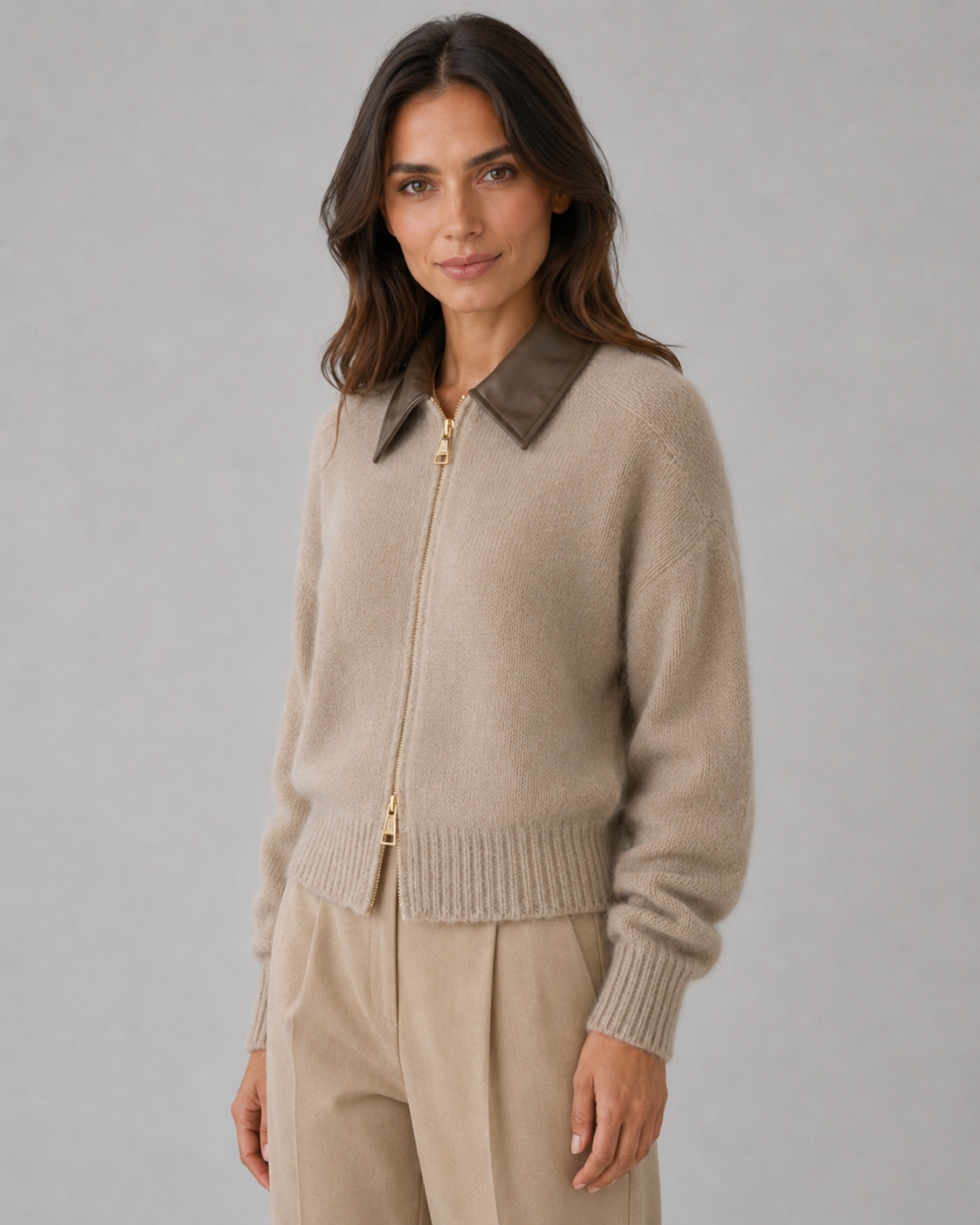 Women's Knit Zip Cardigan with Contrast Collar