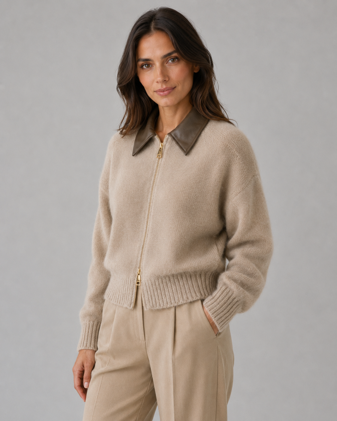 Women's Knit Zip Cardigan with Contrast Collar