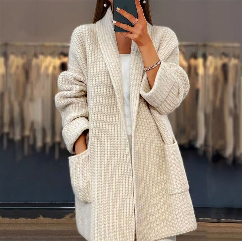 Women's Knitted Cardigan with Pockets – Ribbed Shawl Collar Open Front Coatigan