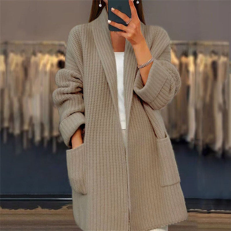 Women's Knitted Cardigan with Pockets – Ribbed Shawl Collar Open Front Coatigan