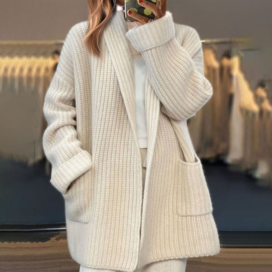 Women's Knitted Cardigan with Pockets – Ribbed Shawl Collar Open Front Coatigan