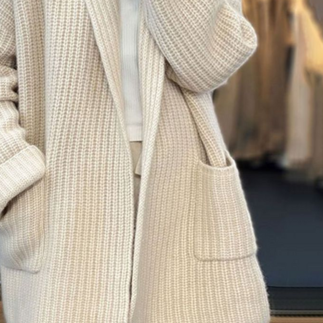 Women's Knitted Cardigan with Pockets – Ribbed Shawl Collar Open Front Coatigan