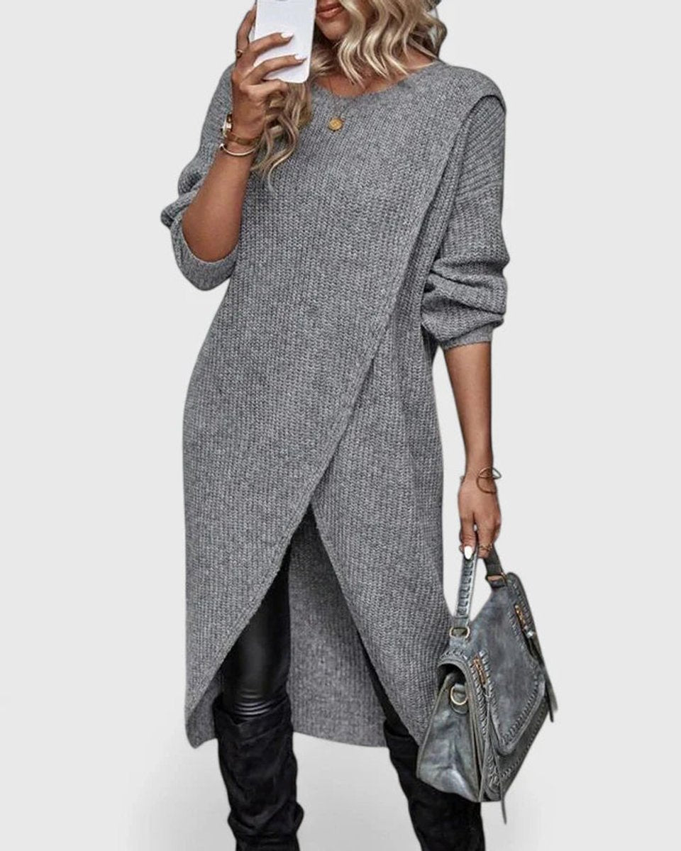 Kacob | Women's Knitted Jumper Dress – Long Sleeve V-Neck Midi Knit Dress