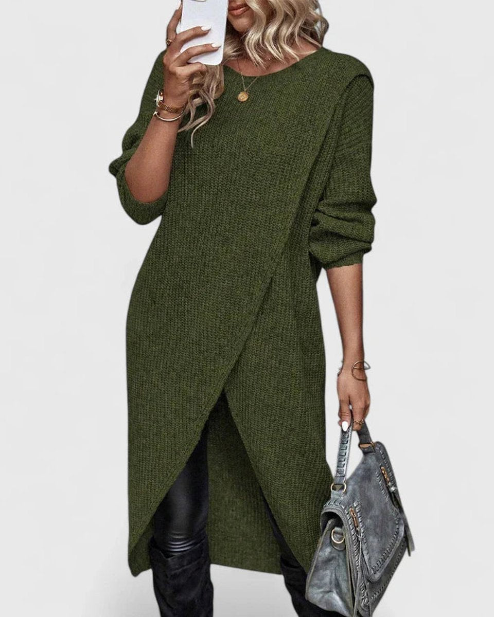 Kacob | Women's Knitted Jumper Dress – Long Sleeve V-Neck Midi Knit Dress