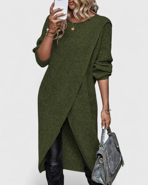 Kacob | Women's Knitted Jumper Dress – Long Sleeve V-Neck Midi Knit Dress