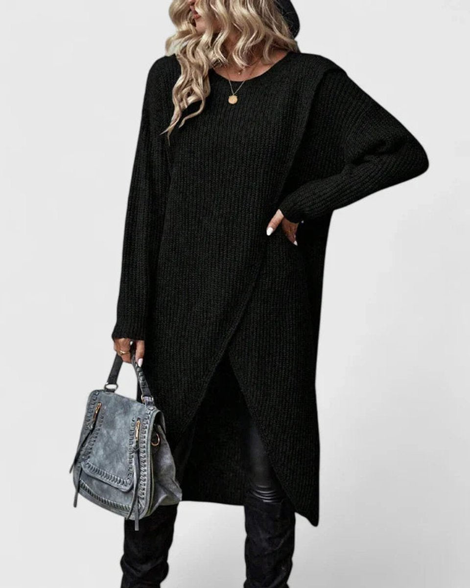 Kacob | Women's Knitted Jumper Dress – Long Sleeve V-Neck Midi Knit Dress