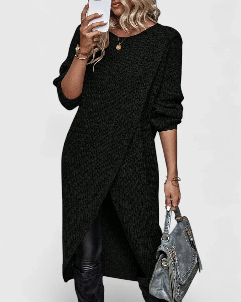 Kacob | Women's Knitted Jumper Dress – Long Sleeve V-Neck Midi Knit Dress