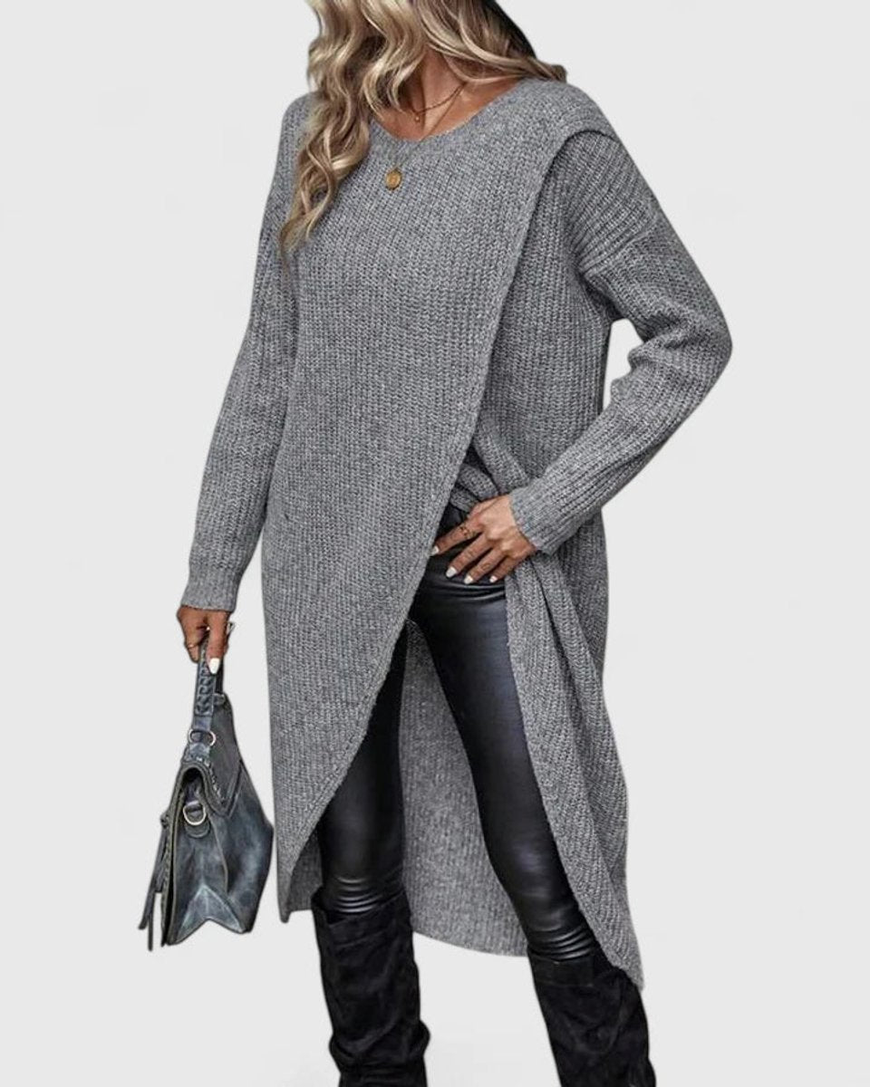 Kacob | Women's Knitted Jumper Dress – Long Sleeve V-Neck Midi Knit Dress