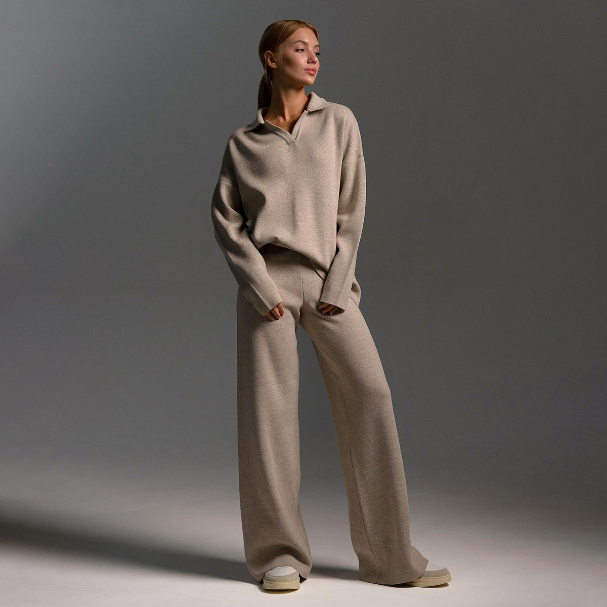Kacob | Women's Knitted Lounge Set – Oversized Polo Jumper and Wide Leg Trousers