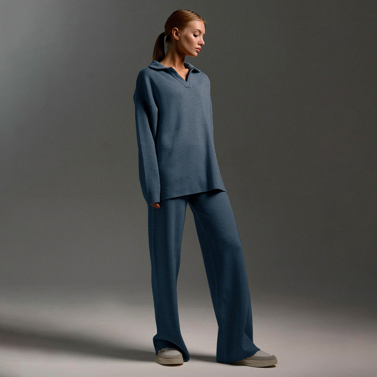 Kacob | Women's Knitted Lounge Set – Oversized Polo Jumper and Wide Leg Trousers