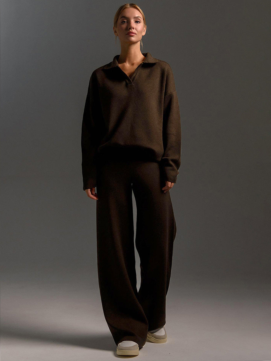 Kacob | Women's Knitted Lounge Set – Oversized Polo Jumper and Wide Leg Trousers