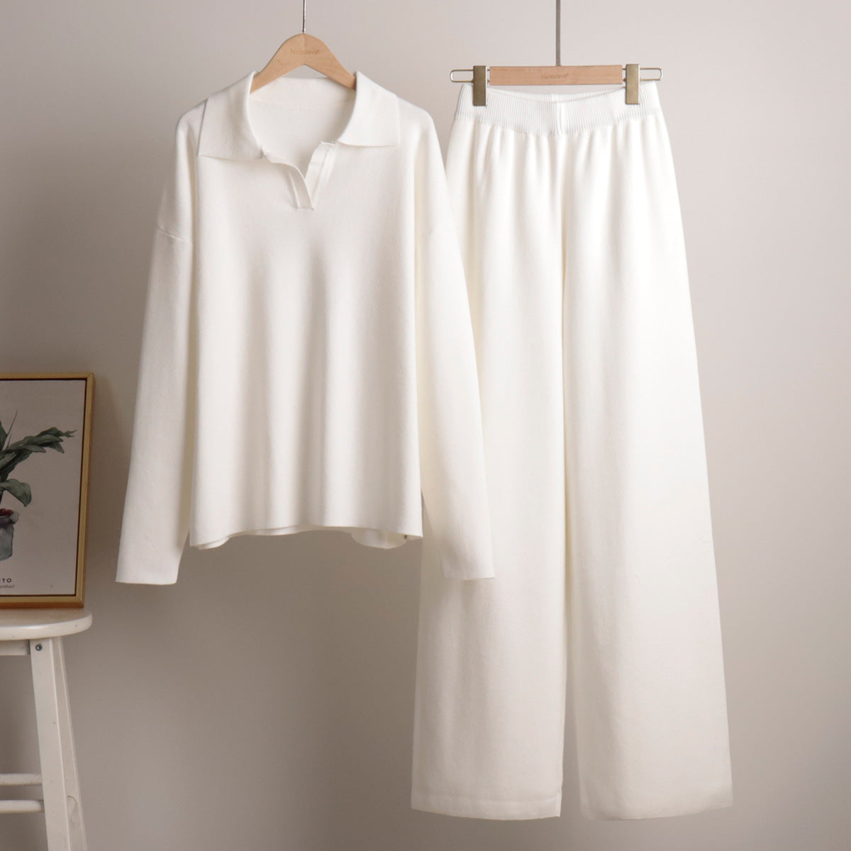 Kacob | Women's Knitted Lounge Set – Oversized Polo Jumper and Wide Leg Trousers
