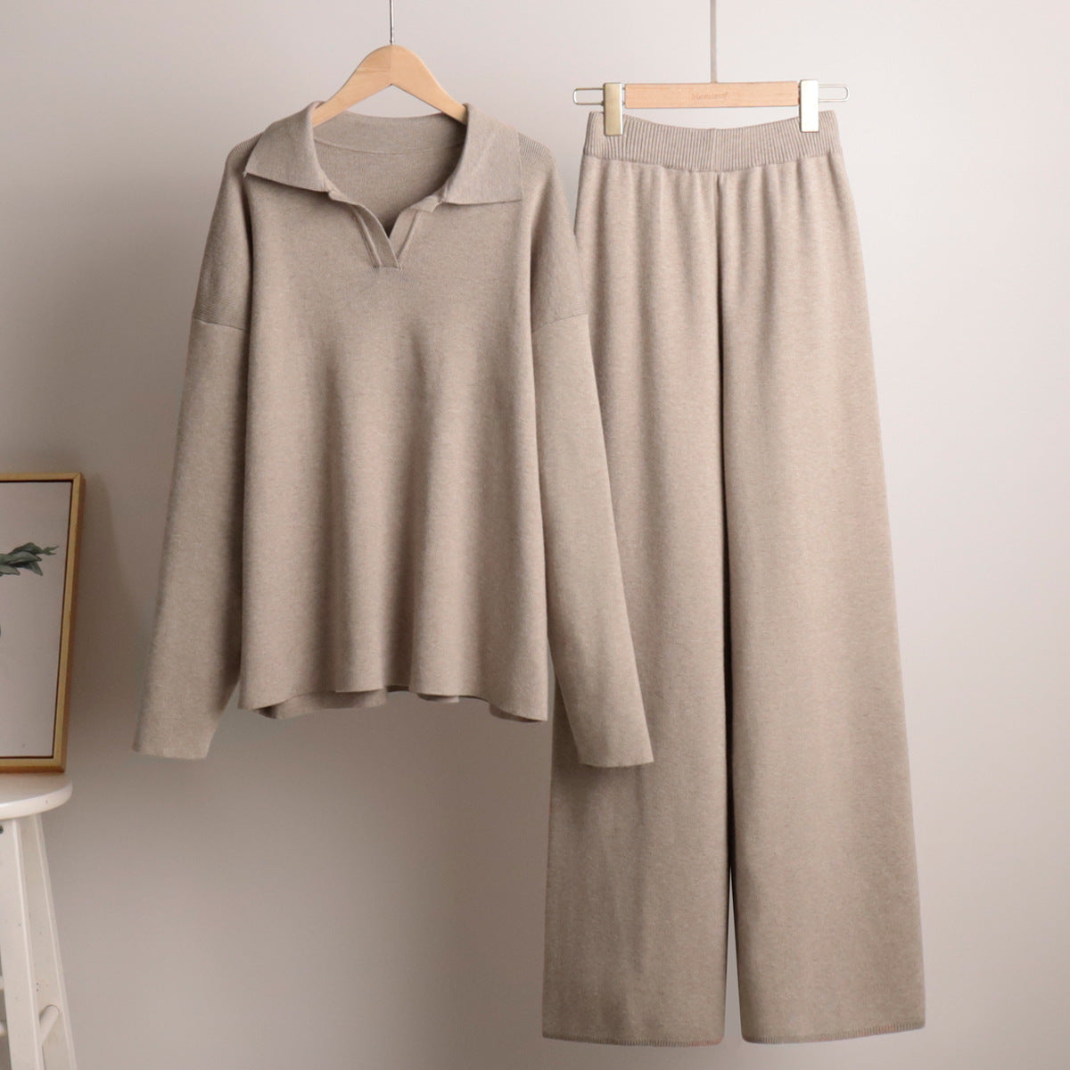 Kacob | Women's Knitted Lounge Set – Oversized Polo Jumper and Wide Leg Trousers