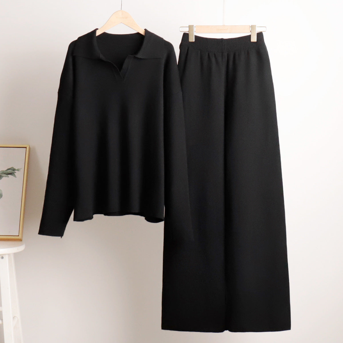 Kacob | Women's Knitted Lounge Set – Oversized Polo Jumper and Wide Leg Trousers