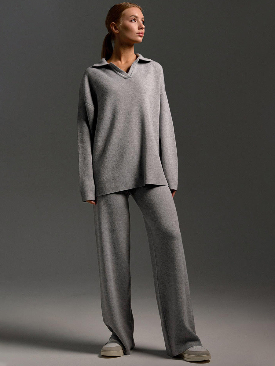 Kacob | Women's Knitted Lounge Set – Oversized Polo Jumper and Wide Leg Trousers
