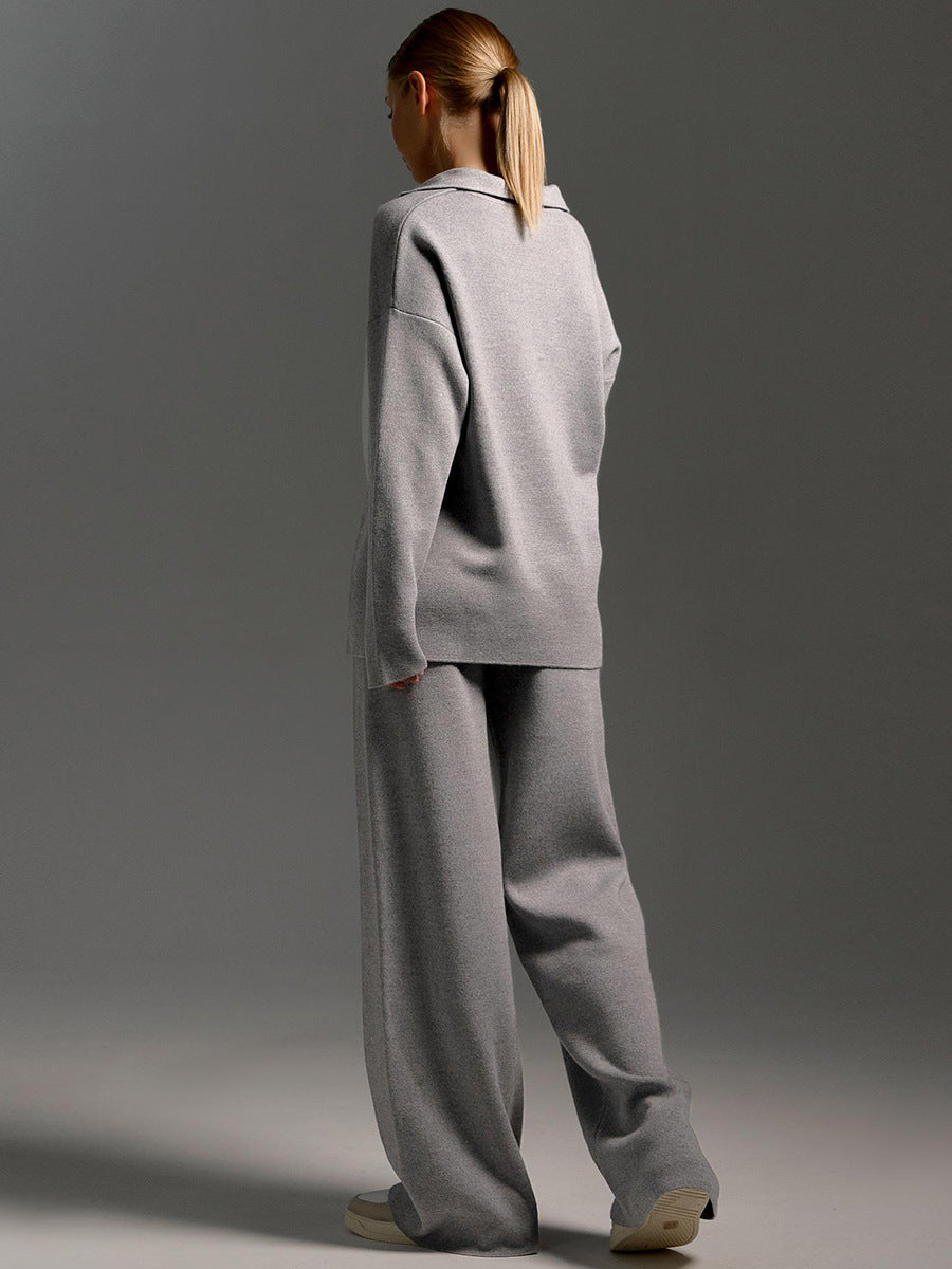Kacob | Women's Knitted Lounge Set – Oversized Polo Jumper and Wide Leg Trousers