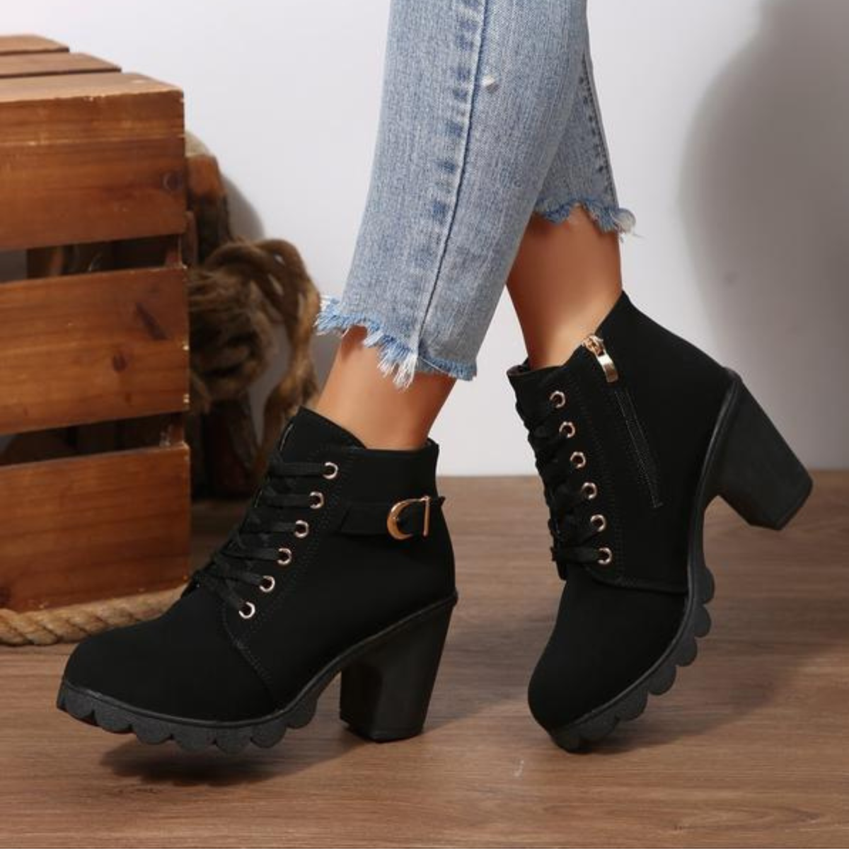 Kacob | Women's Lace Up Ankle Boots – Block Heel Boots with Buckle Strap