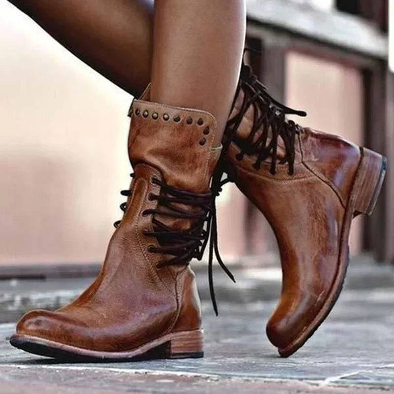 Kacob | Women's Lace Up Ankle Boots – Low Heel Stud Detail Boots