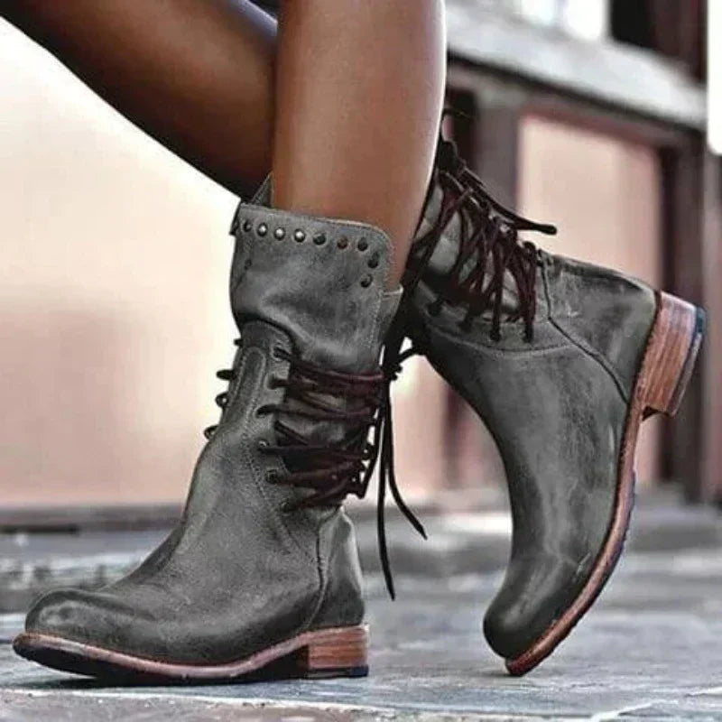 Kacob | Women's Lace Up Ankle Boots – Low Heel Stud Detail Boots