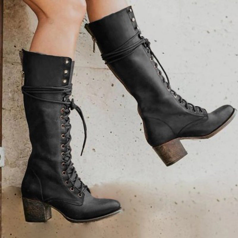 Kacob | Women's Lace-Up Block Heel Knee High Boots – Winter Boots for Women