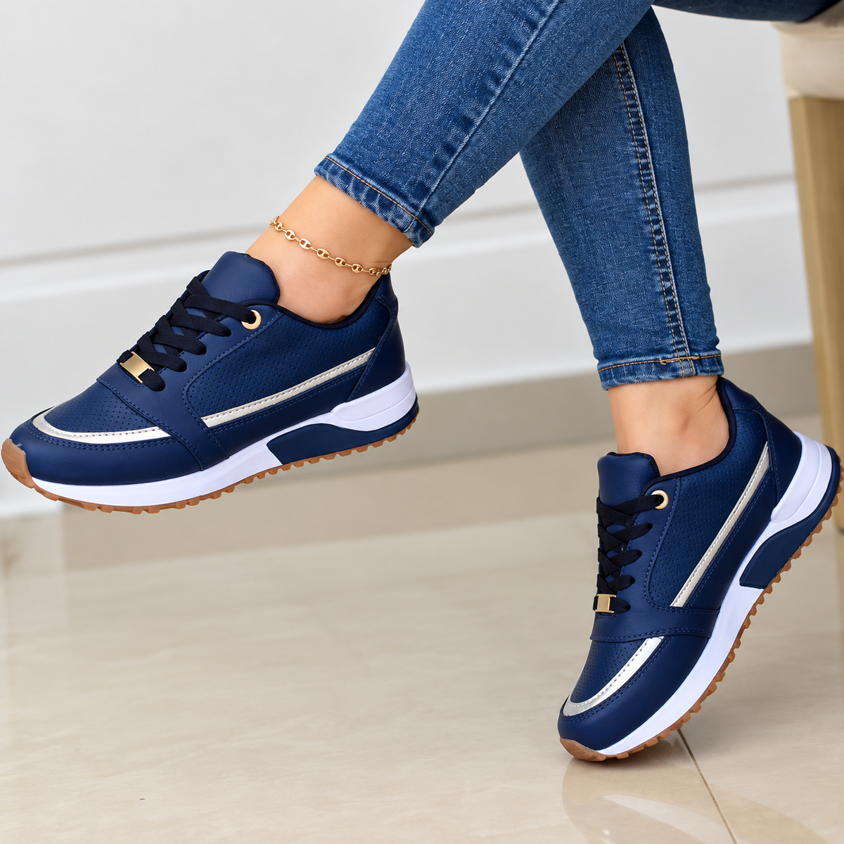 Kacob | Women's Lace-Up Metallic Trim Trainers – Padded Collar Platform Trainers