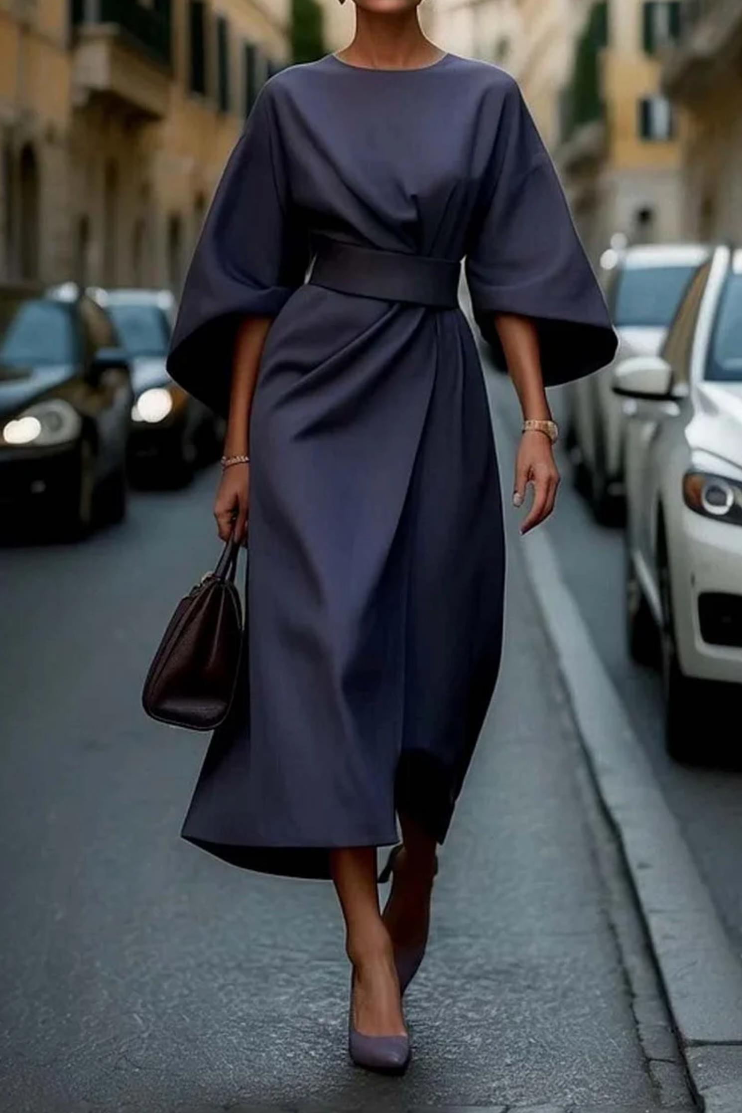 Women's Lantern Sleeve Belted Dress – Elegant Evening