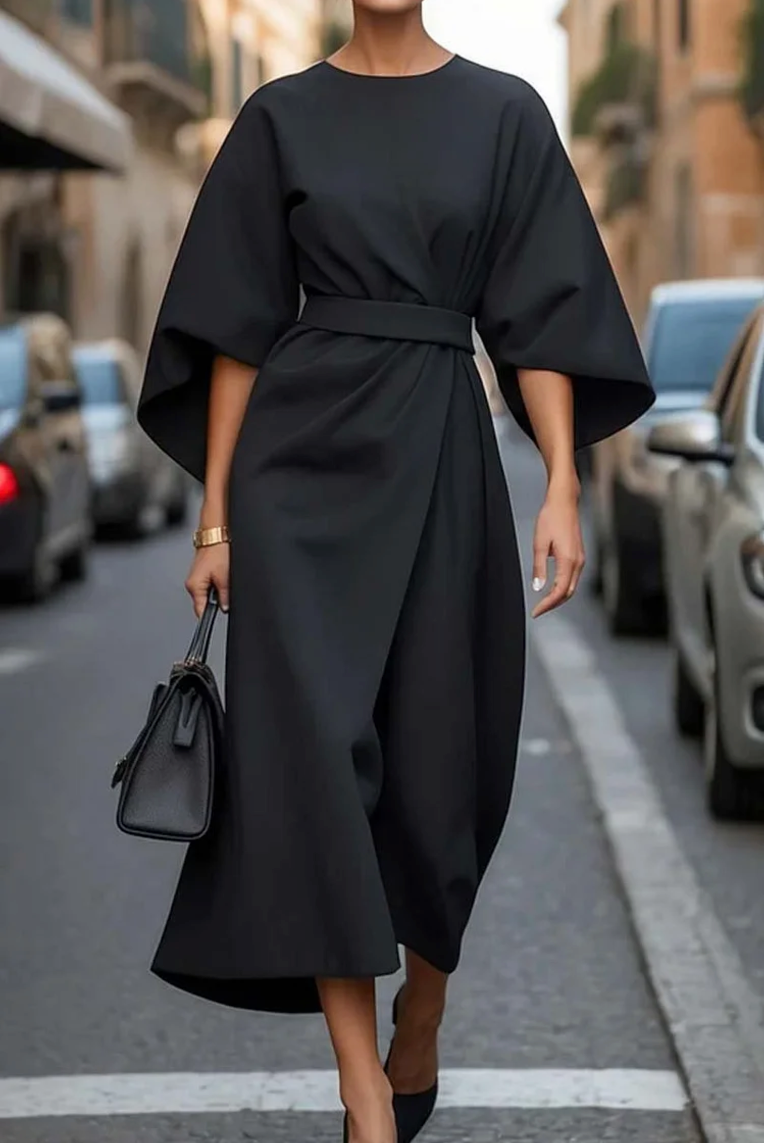 Women's Lantern Sleeve Belted Dress – Elegant Evening
