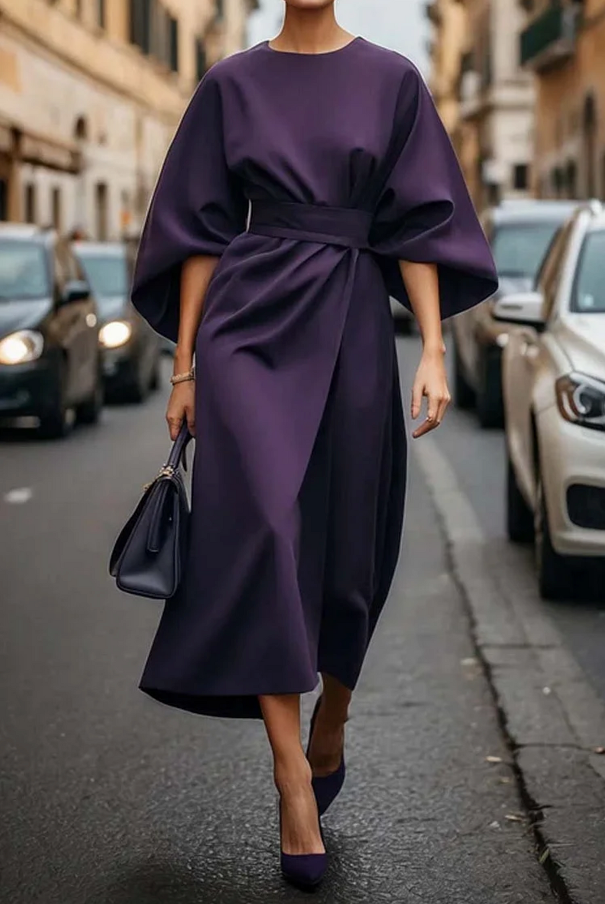 Women's Lantern Sleeve Belted Dress – Elegant Evening