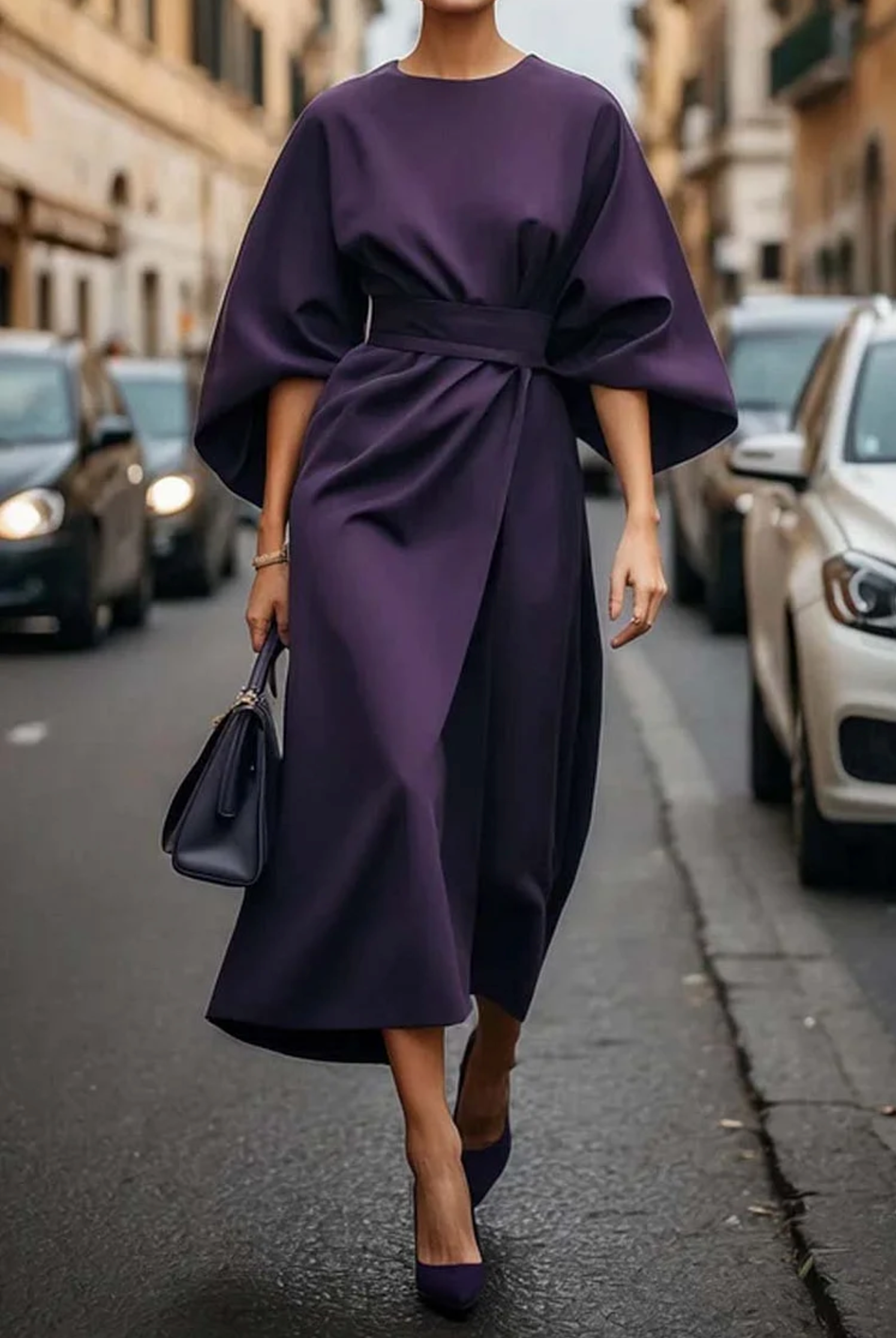 Women's Lantern Sleeve Belted Dress – Elegant Evening