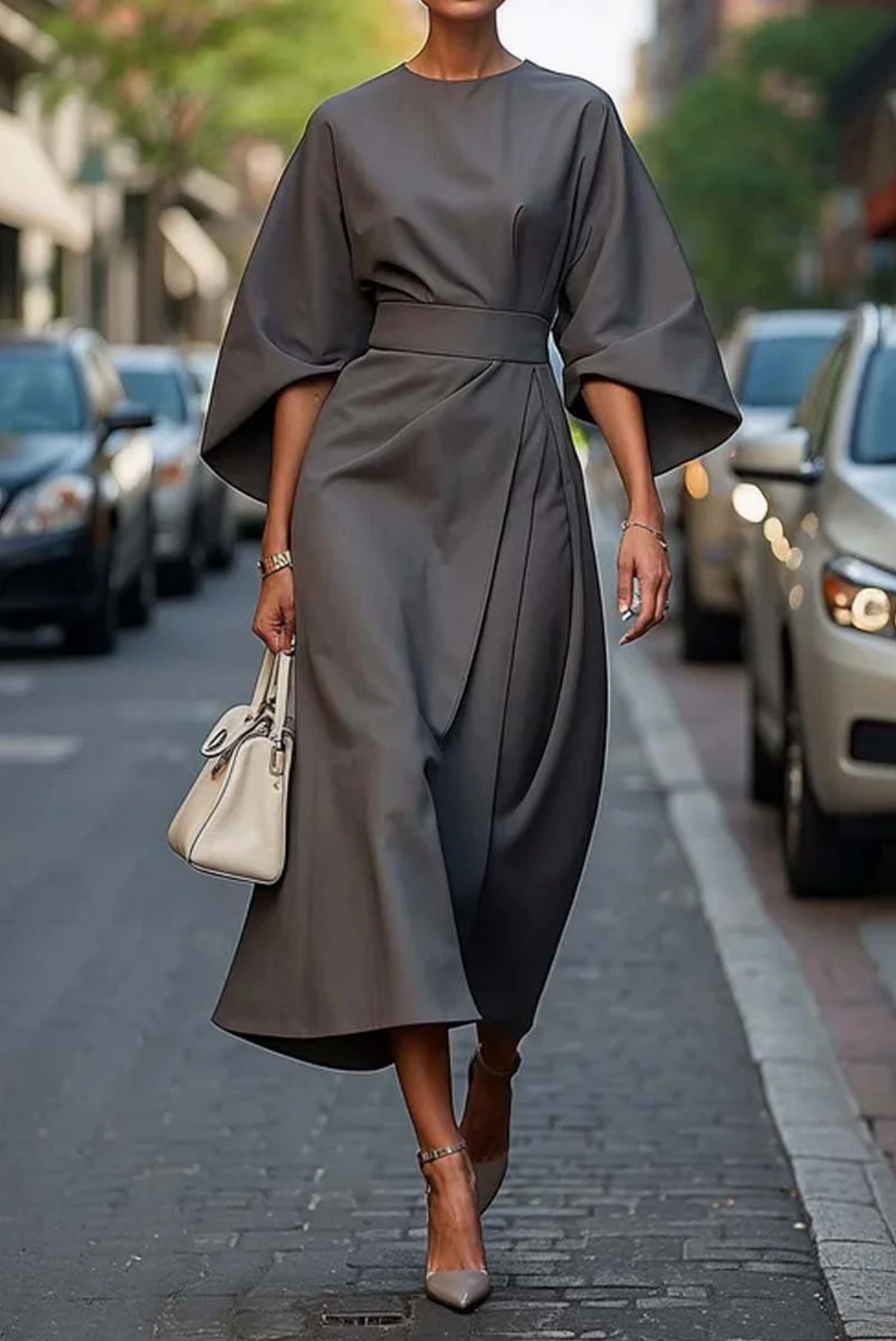 Women's Lantern Sleeve Belted Dress – Elegant Evening