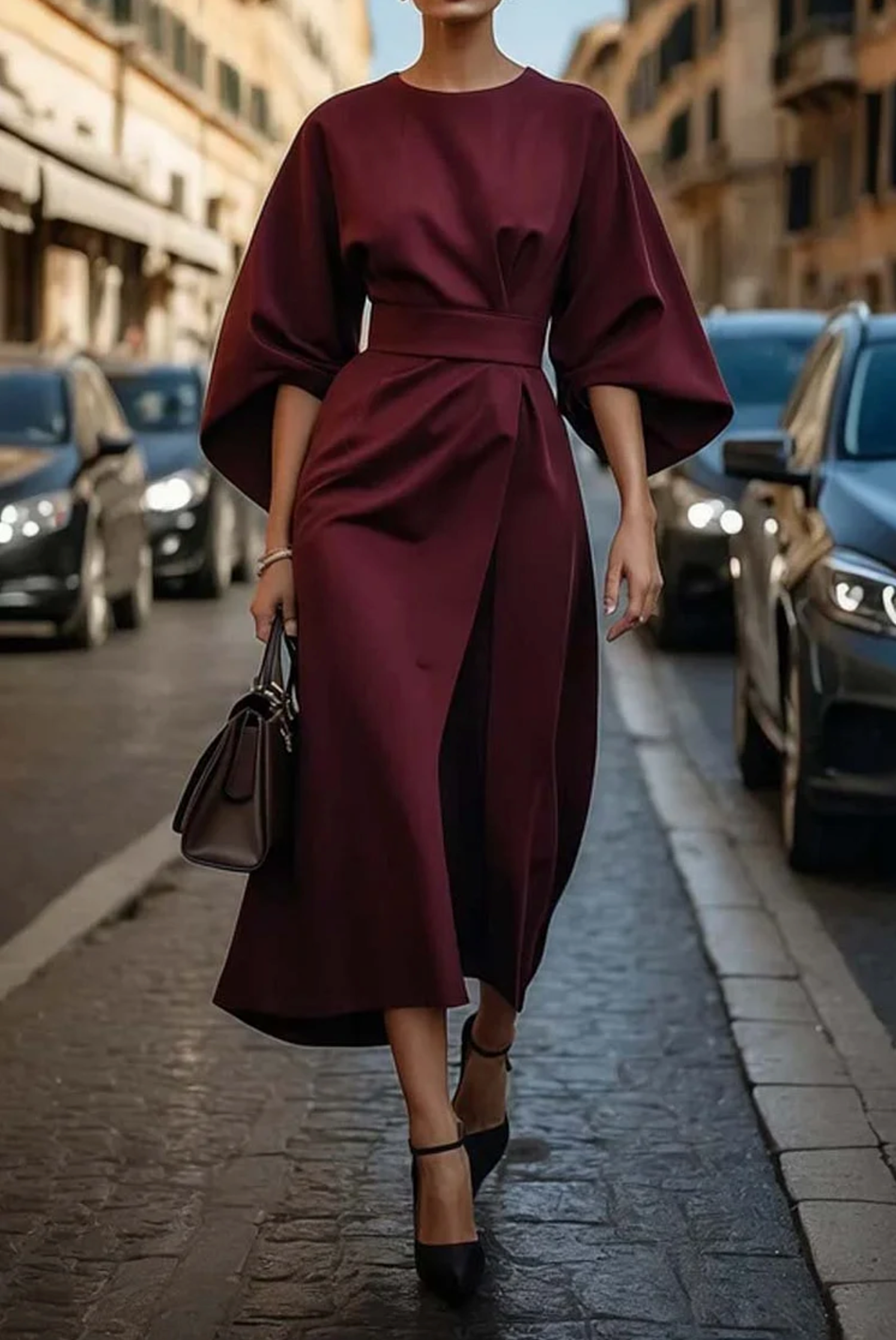Women's Lantern Sleeve Belted Dress – Elegant Evening