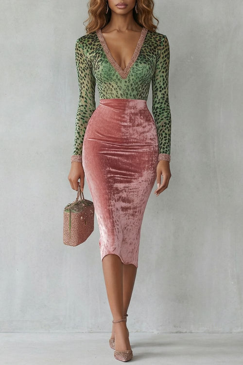 Kacob | Women's Leopard Print Velvet Bodycon Midi Dress – Christmas Party Dress