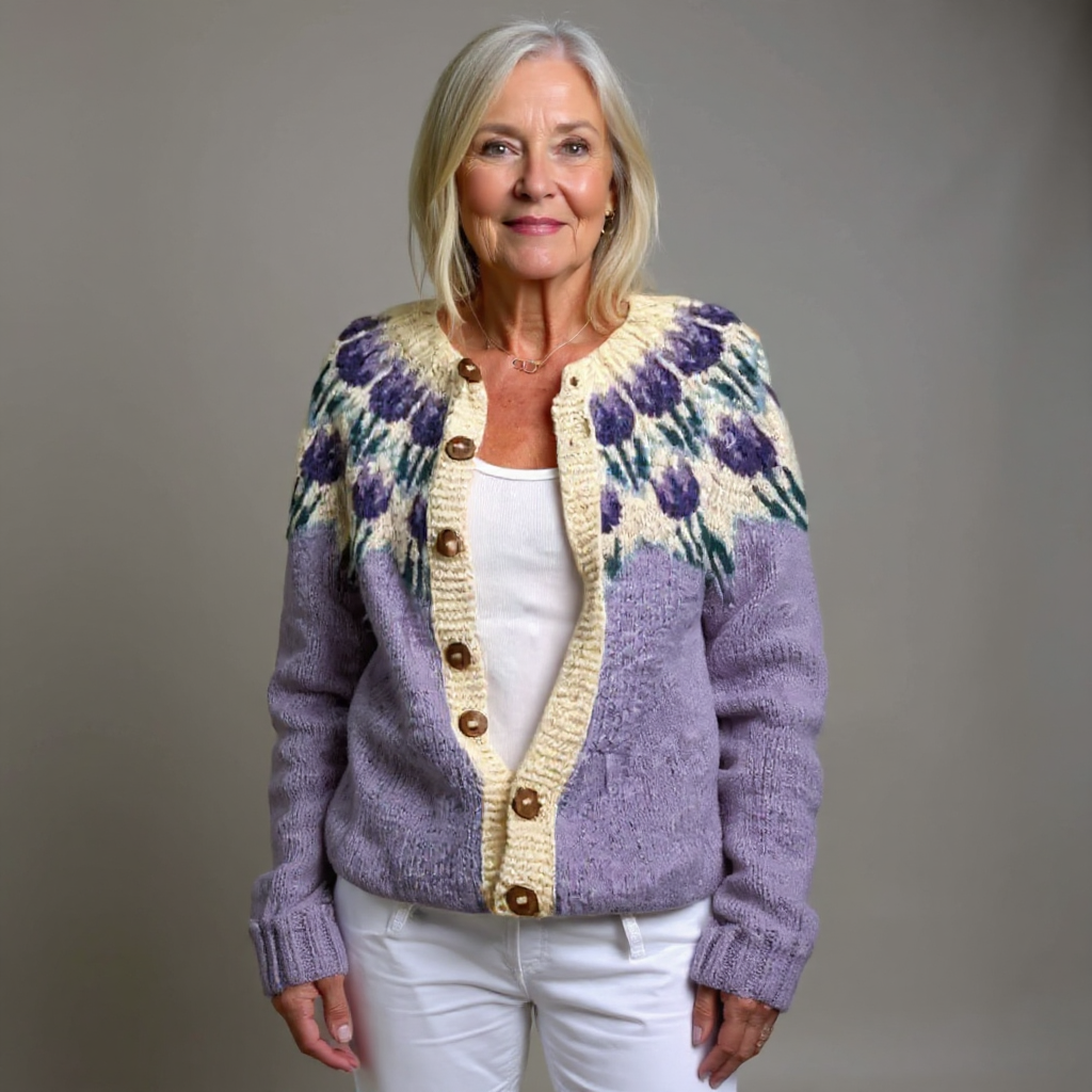 Women's Lilac Fair Isle Cardigan – Floral Yoke Button Front Chunky Knit