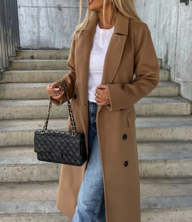 Kacob | Women's Long Coat – Lapel Collar Button Front Winter Coat