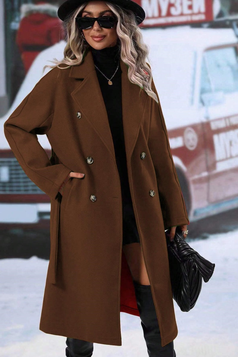 Kacob | Women's Long Double Breasted Coat – Belted Notch Lapel Trench