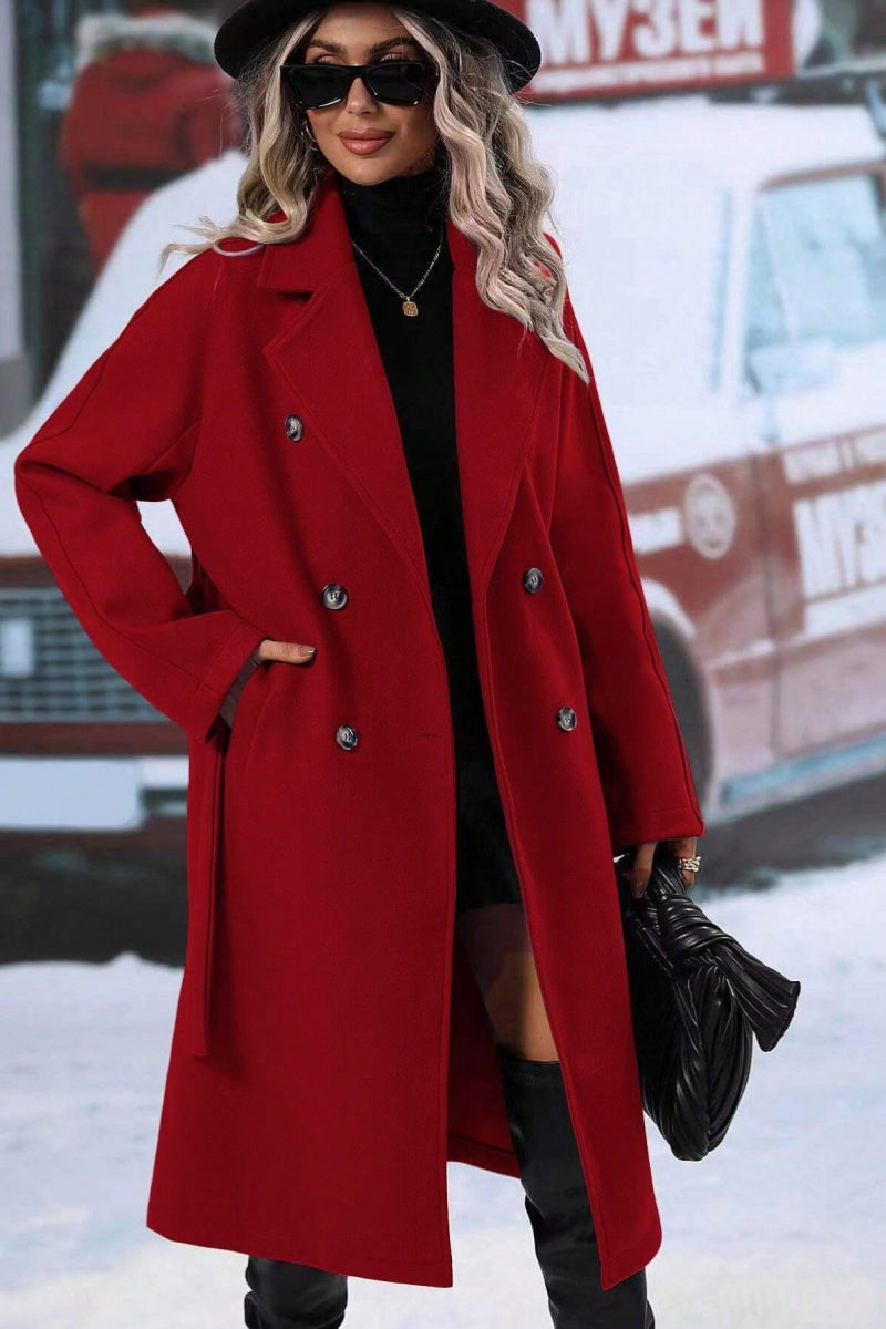 Kacob | Women's Long Double Breasted Coat – Belted Notch Lapel Trench
