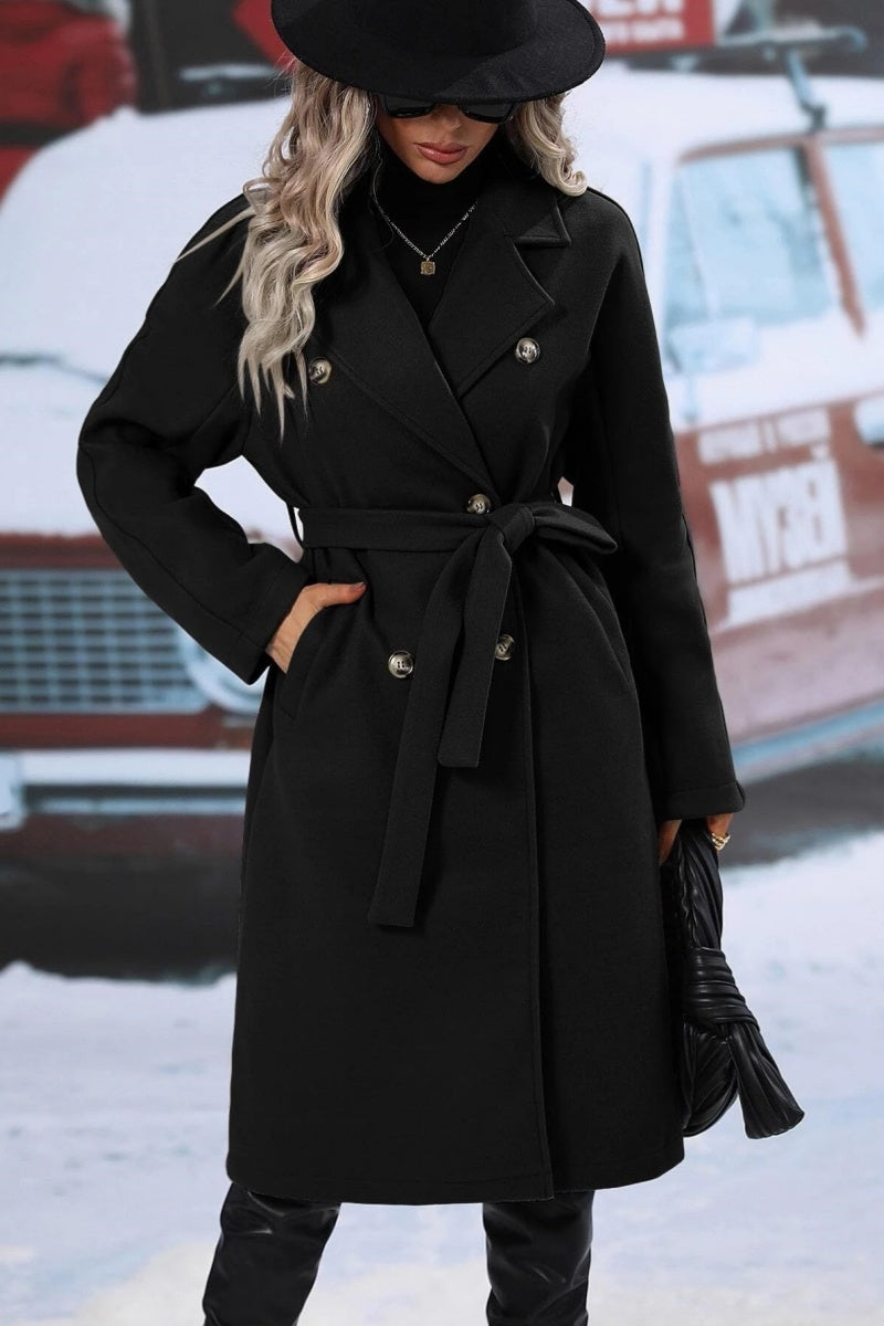 Kacob | Women's Long Double Breasted Coat – Belted Notch Lapel Trench