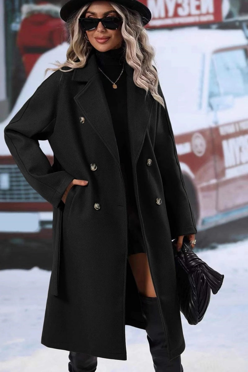 Kacob | Women's Long Double Breasted Coat – Belted Notch Lapel Trench