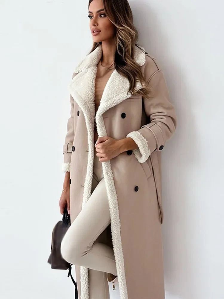 Kacob | Women's Long Double-Breasted Faux Shearling Collar Coat – Belted Teddy Lined Winter Coat