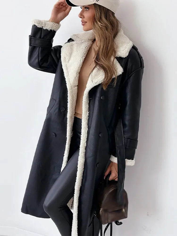 Kacob | Women's Long Double-Breasted Faux Shearling Collar Coat – Belted Teddy Lined Winter Coat
