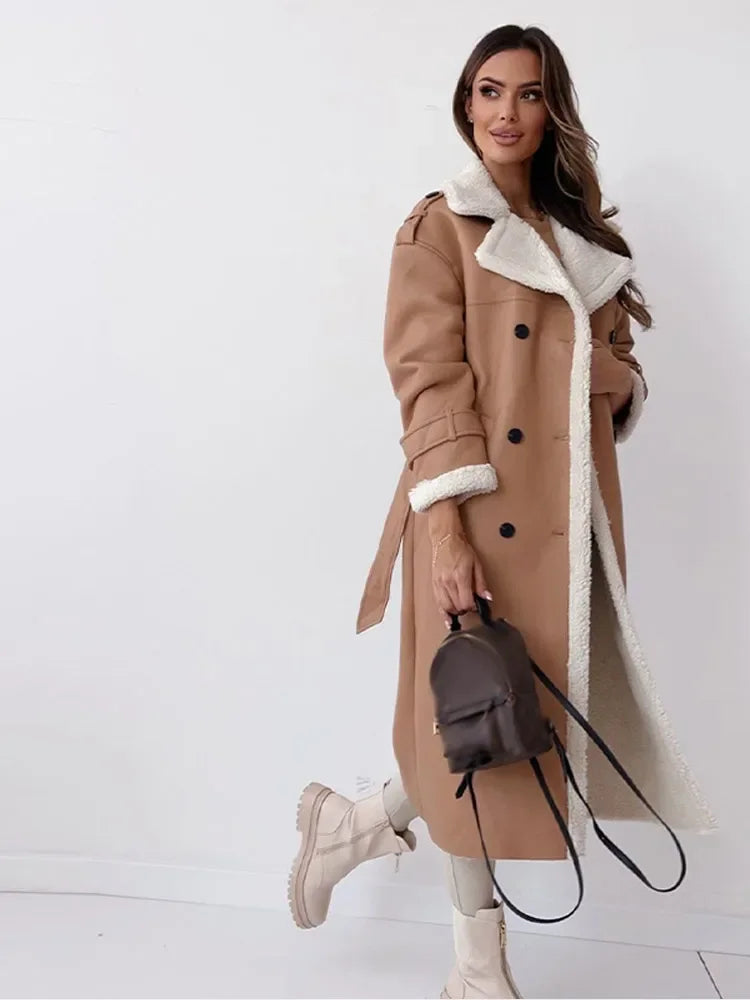 Kacob | Women's Long Double-Breasted Faux Shearling Collar Coat – Belted Teddy Lined Winter Coat