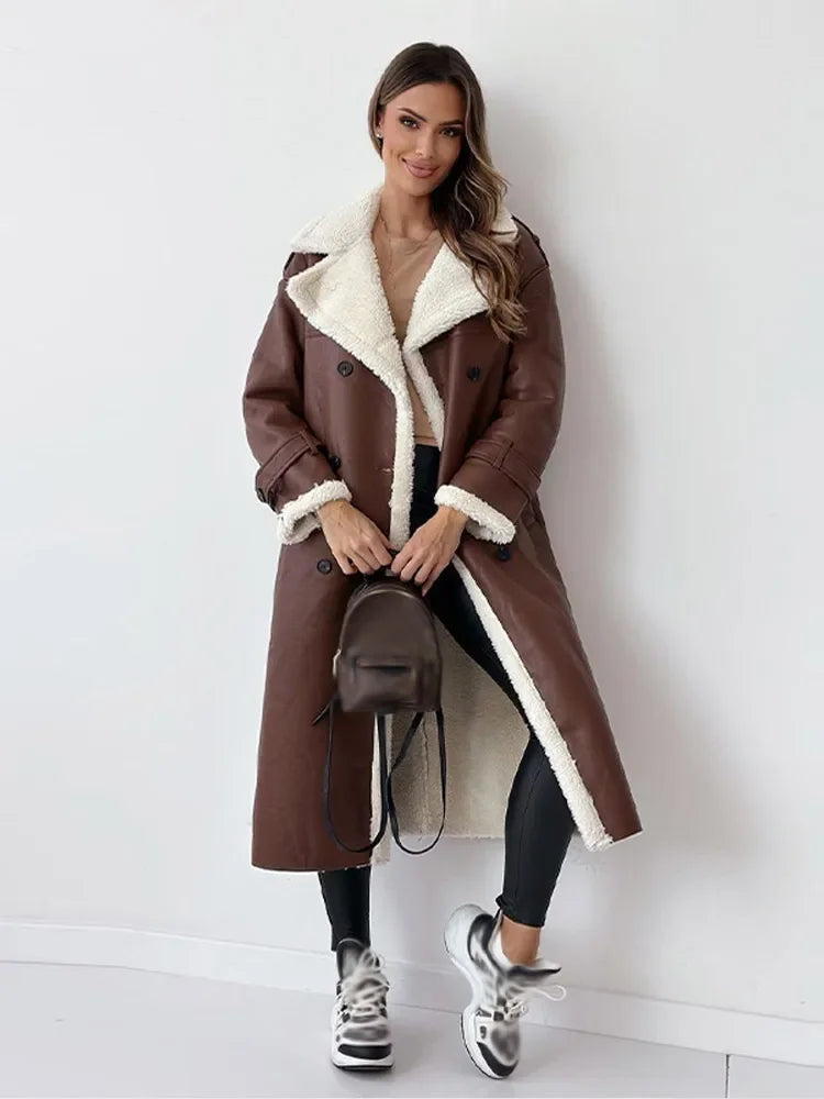 Kacob | Women's Long Double-Breasted Faux Shearling Collar Coat – Belted Teddy Lined Winter Coat