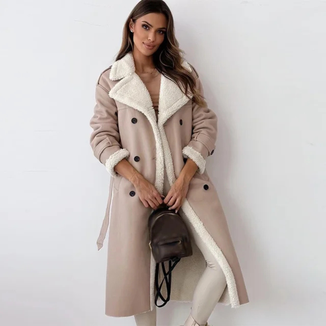 Kacob | Women's Long Double-Breasted Faux Shearling Collar Coat – Belted Teddy Lined Winter Coat