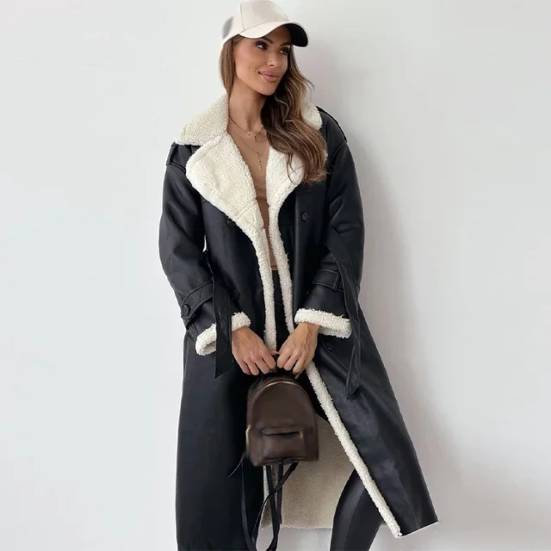 Kacob | Women's Long Double-Breasted Faux Shearling Collar Coat – Belted Teddy Lined Winter Coat