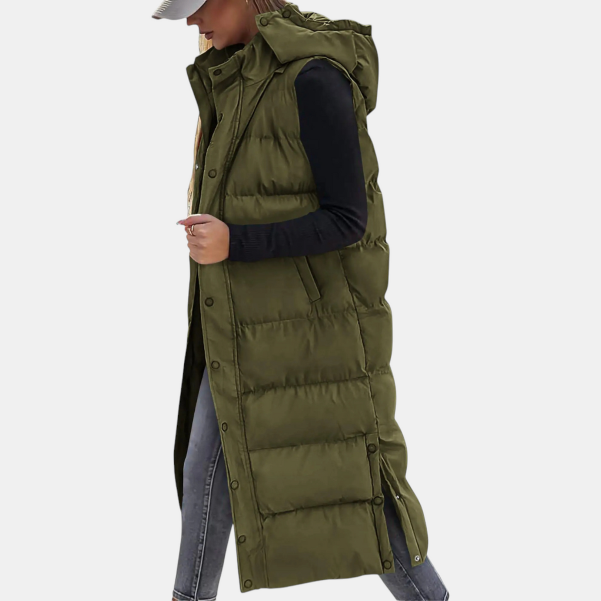 Kacob | Women's Long Hooded Gilet – Midi Puffer Body Warmer with Side Slits